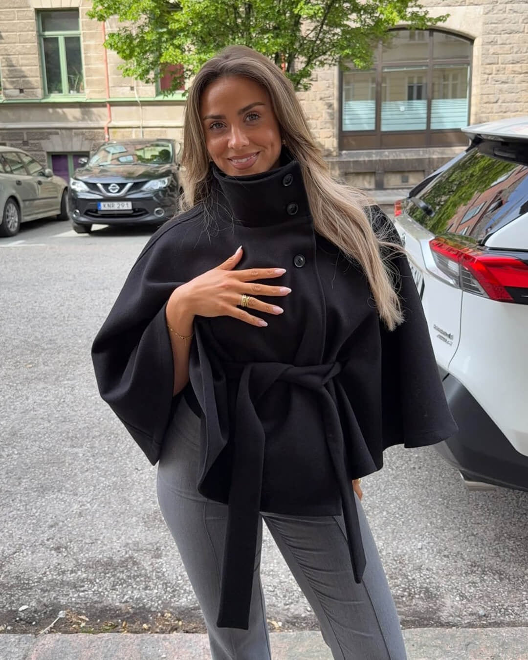 High-Neck Belted Cape Jacket