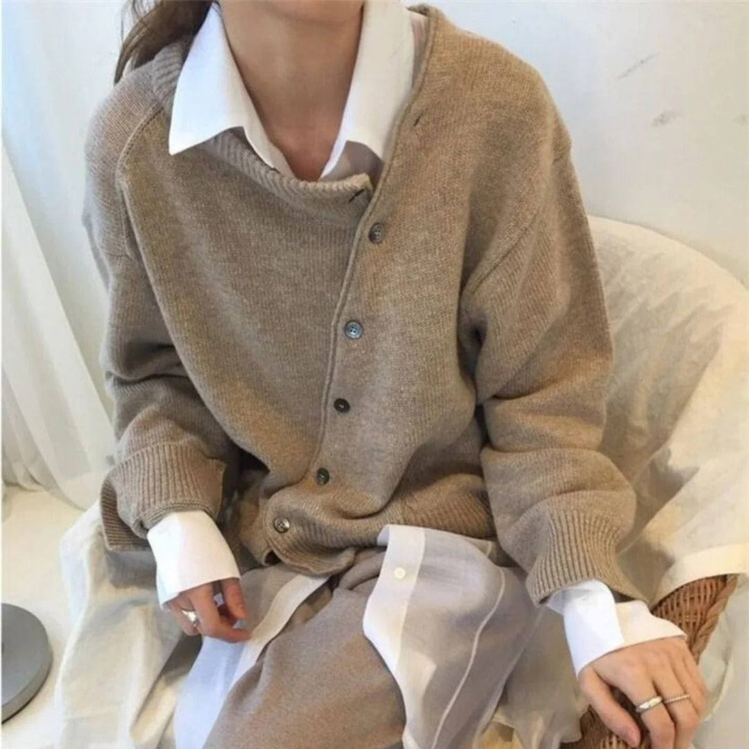 Asymmetric Button-Up Knit Cardigan