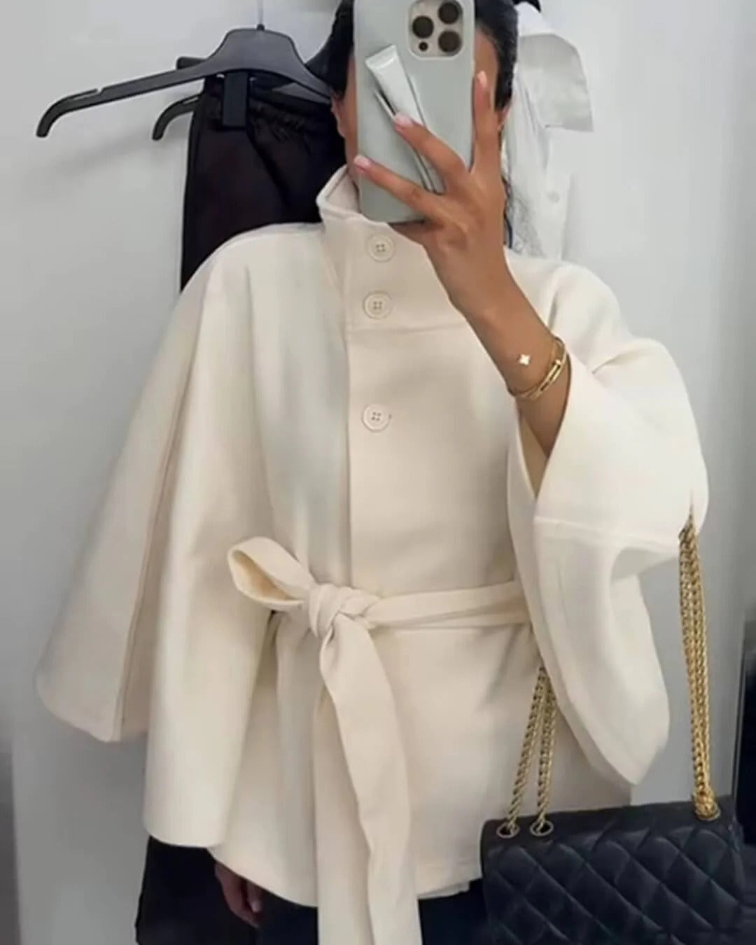 High-Neck Belted Cape Jacket