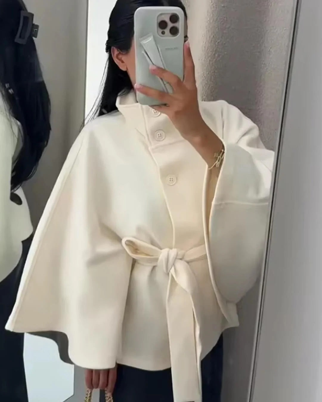 High-Neck Belted Cape Jacket