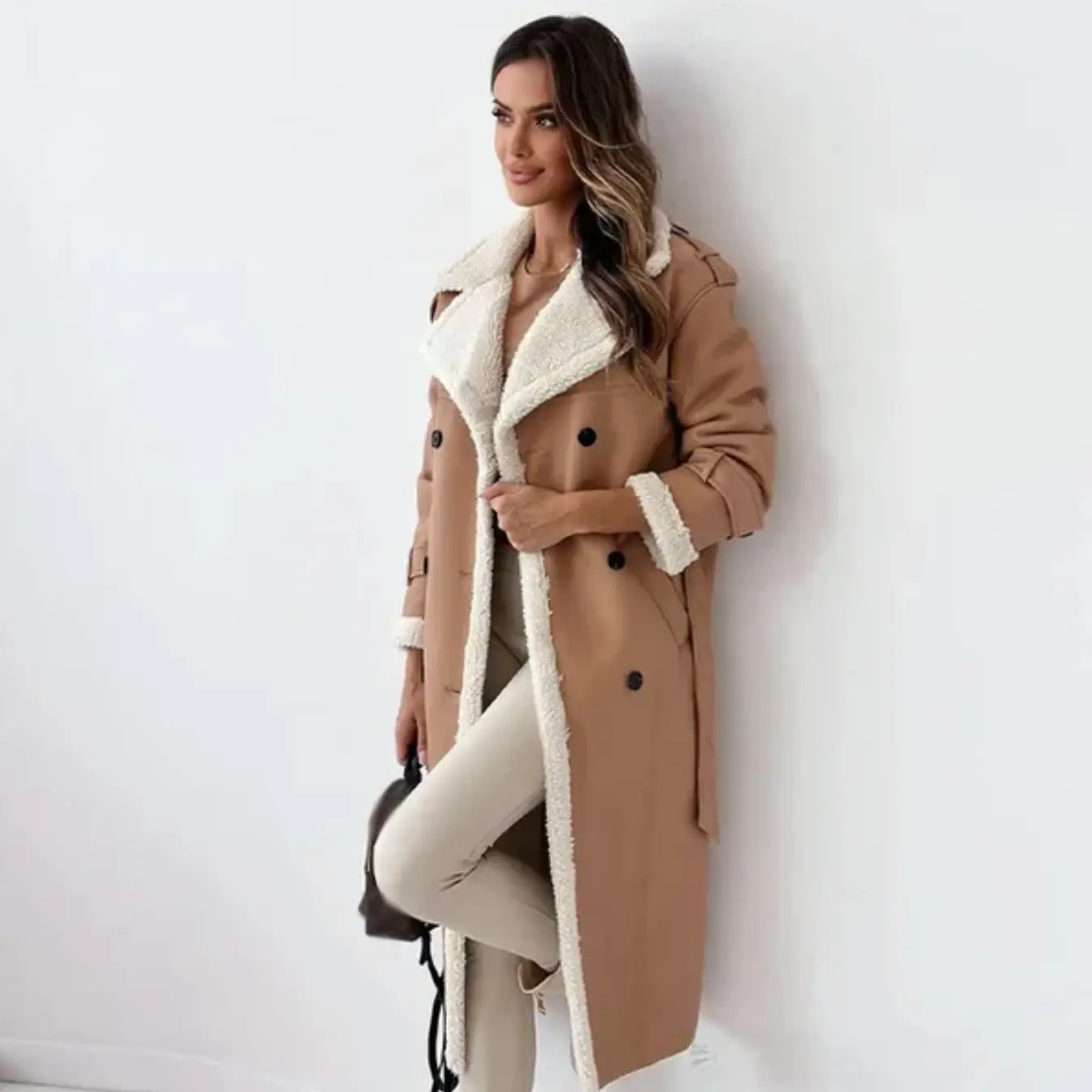 Women’s Long Shearling-Lined Trench Coat - Chic Double-Breasted Winter Overcoat
