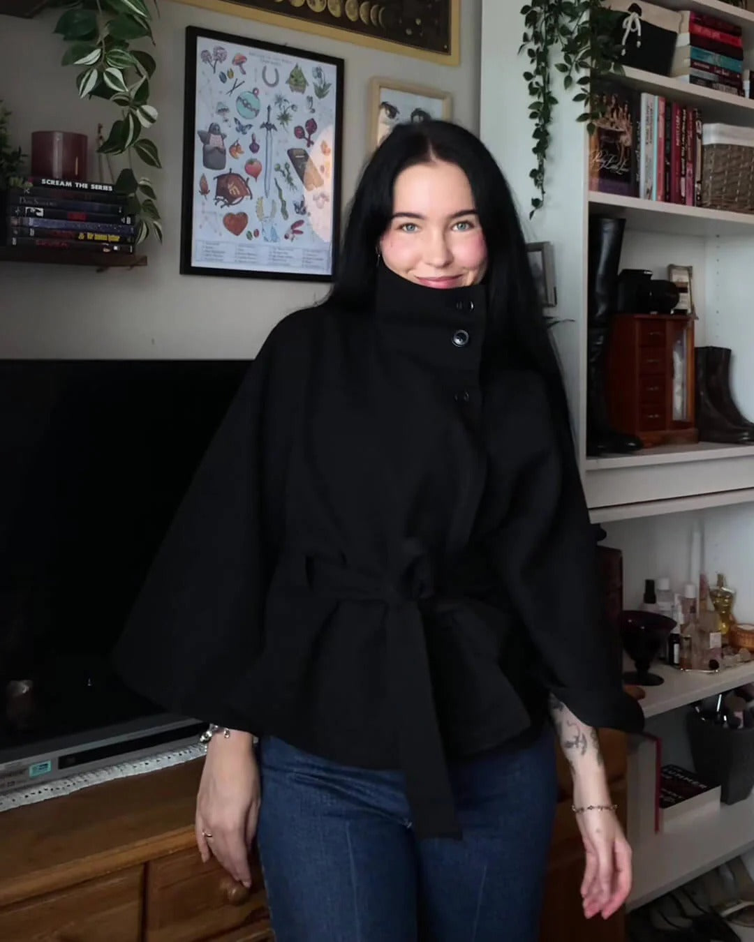 High-Neck Belted Cape Jacket