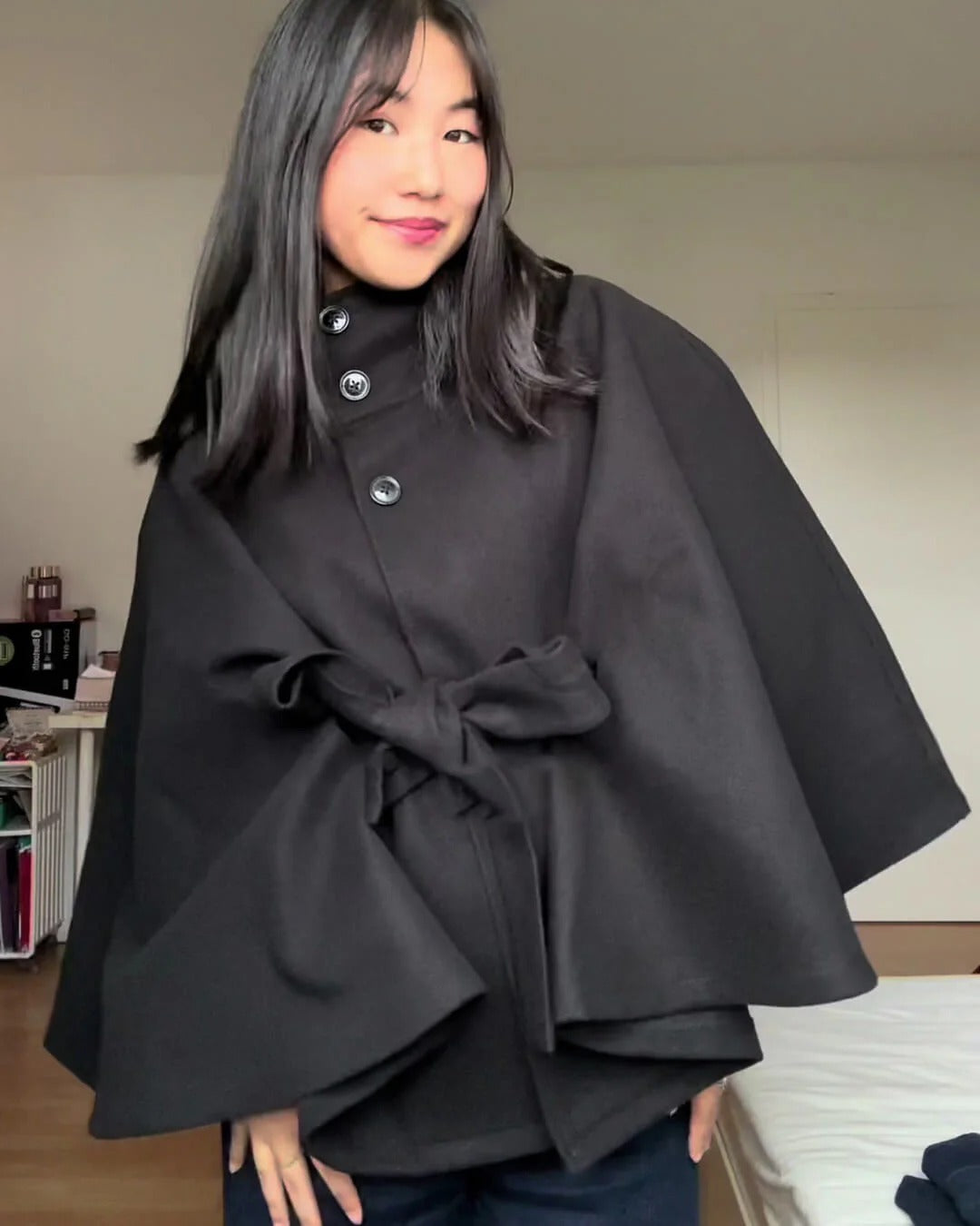 High-Neck Belted Cape Jacket