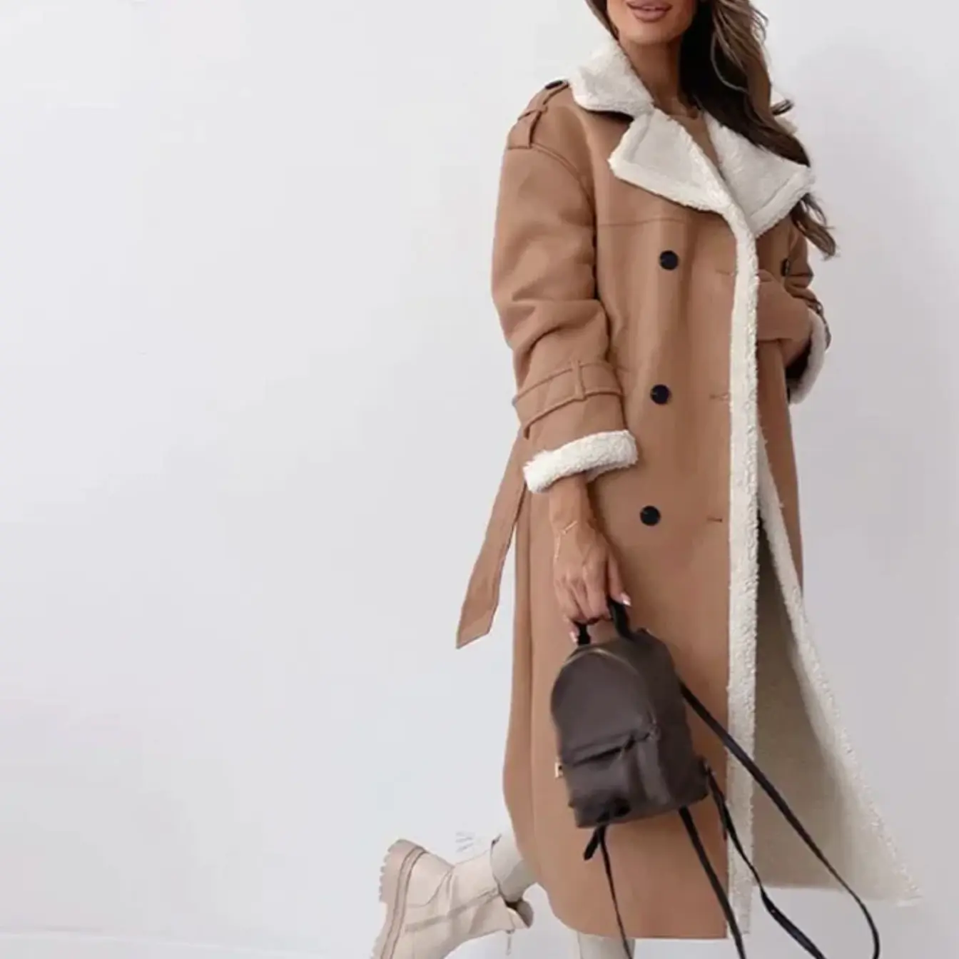 Women’s Long Shearling-Lined Trench Coat - Chic Double-Breasted Winter Overcoat