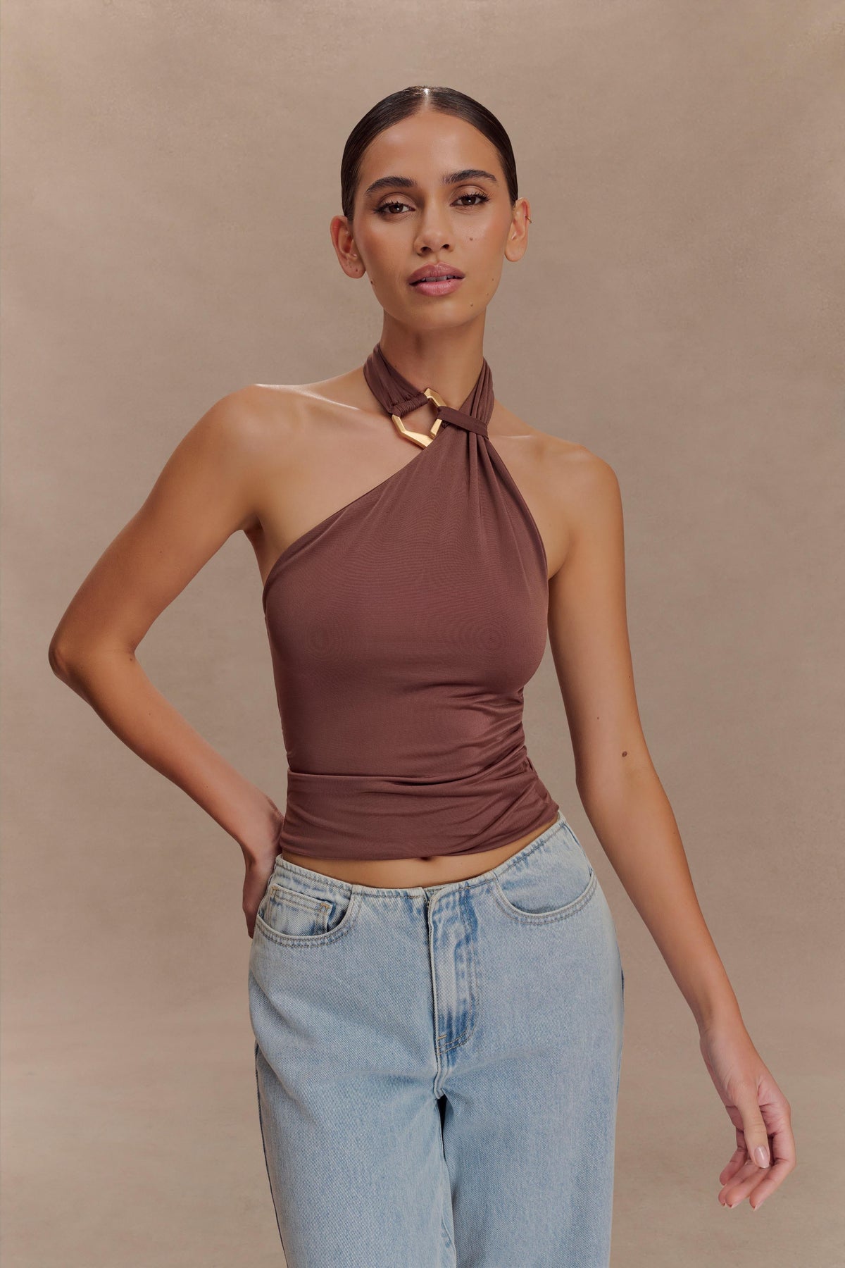 Ruched One-Shoulder Halter